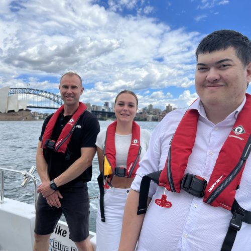 Teacher Adam Parkinson with students Alannah Walker and Loren Lazarevic